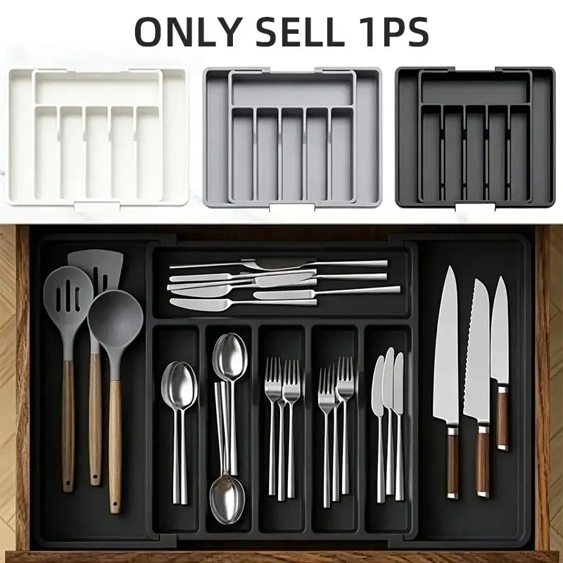 Extra Expandable Drawer Organizer, Flatware Organizer, Plastic Silverware Cutlery Tray with Adjustable Dividers, Space-Saving Kitchen Utensil Storage for Spoons, Forks and Knives