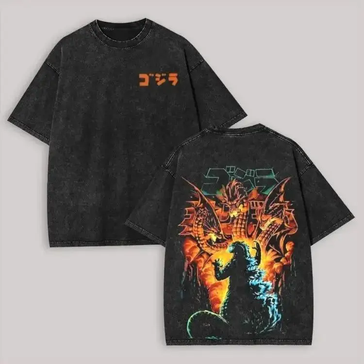 Godzilla King Ghidorah Vintage Wash T-Shirt Oversized Kaiju Graphic Tee for Men Women Heavyweight Premium Cotton Acid Wash Distressed Streetwear Movie Fan Apparel Aesthetic Gift Top