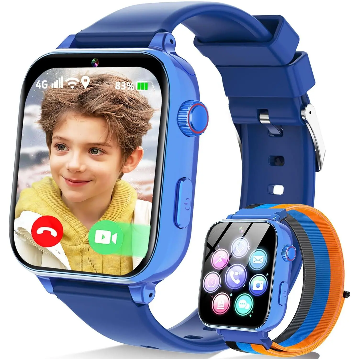 4G   Watch Phone GPS, Smartwatch for Boys Girls Ages 4-12  with Video Call Chat Class Mode SOS Camera   Parental App  Watch Gifts for  (Includes SIM Card) Blue