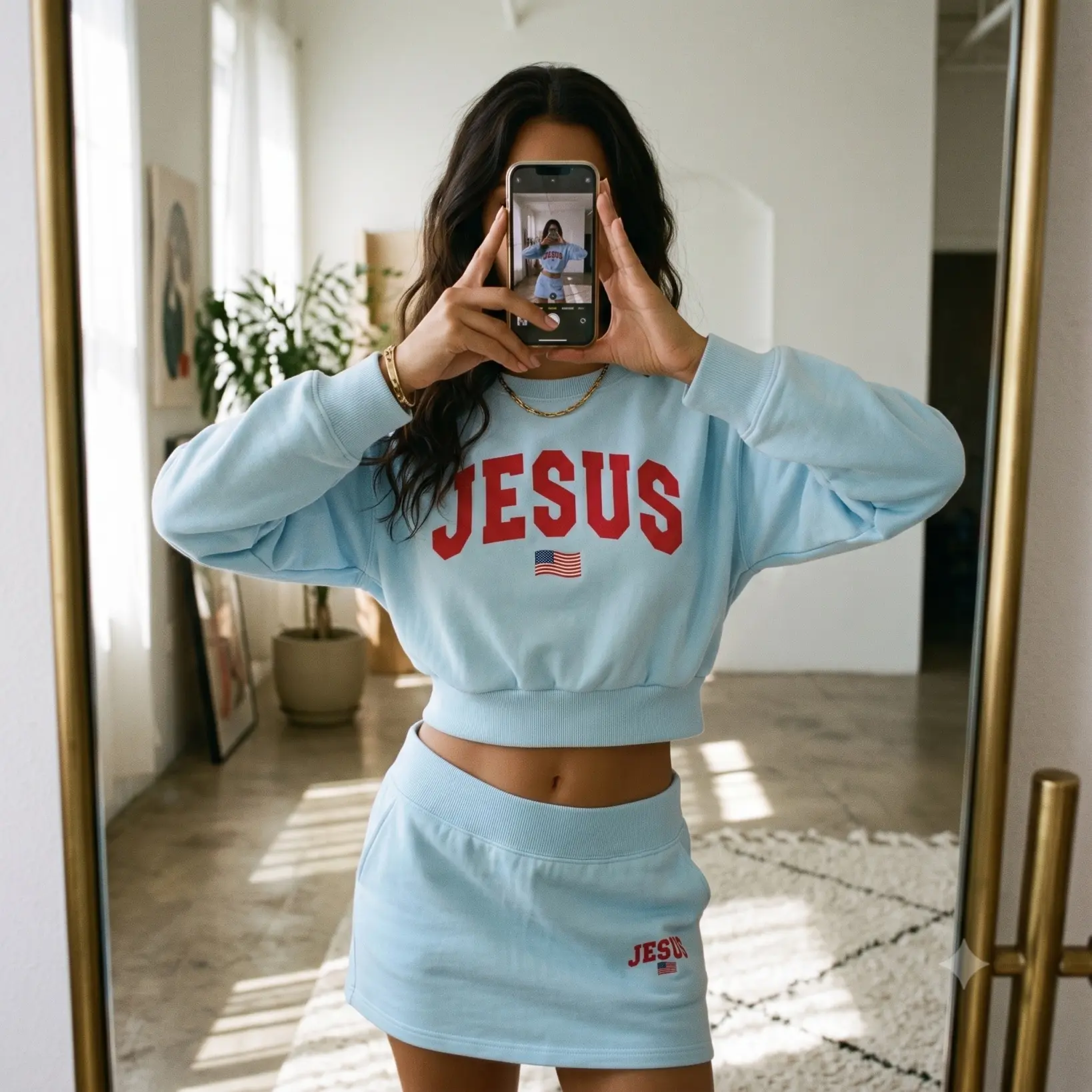 Women’s Jesus Graphic Cropped Sweatshirt and Mini Skirt Set, Faith Inspired Two Piece Outfit Featuring USA Flag Detail, Trendy Casual Streetwear Style, Perfect for Fall Fashion, Daily Wear and Stylish Weekend Looks