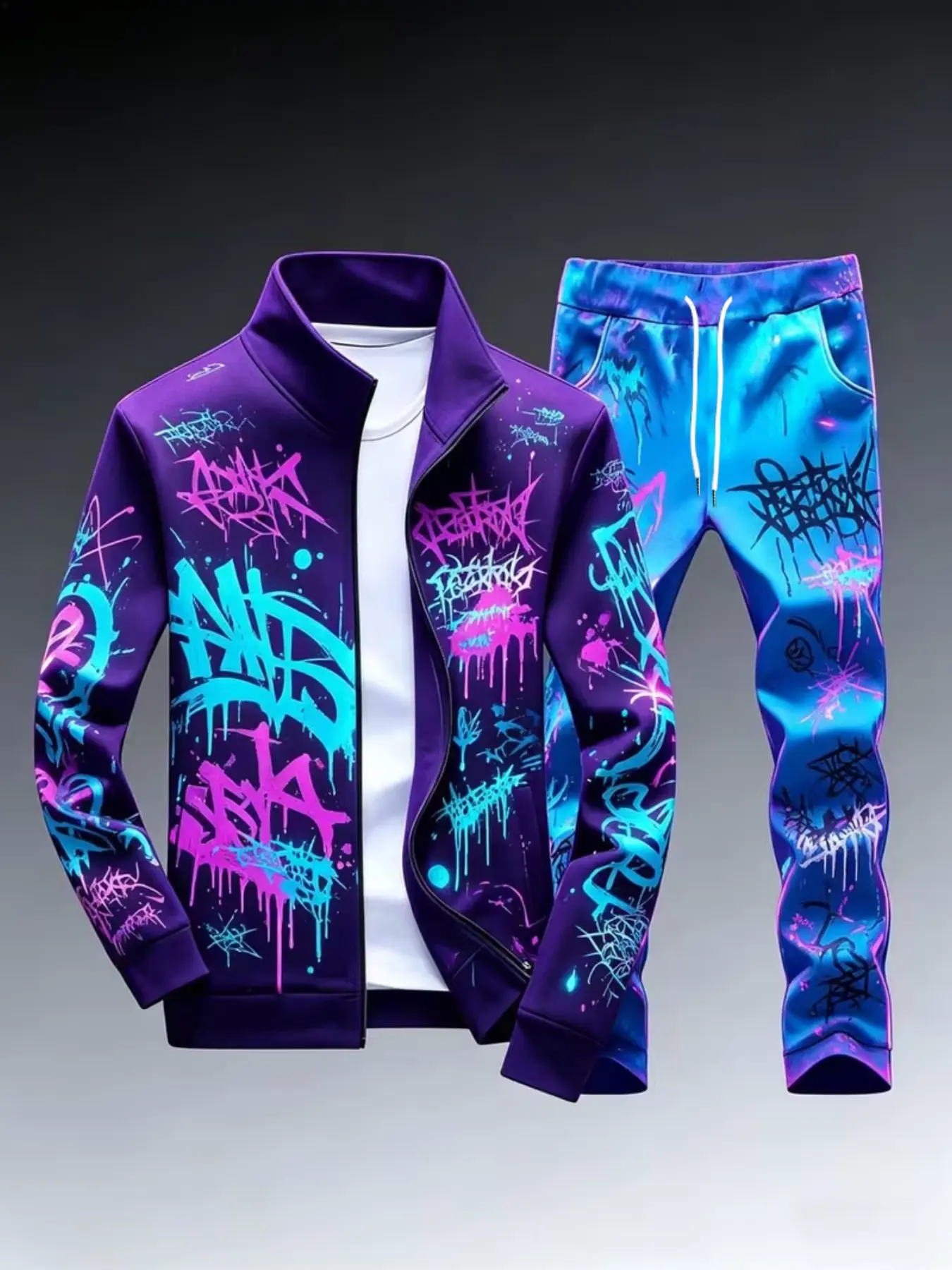 Men Graffiti Art Print Tracksuit, Purple‑Blue Contrast Zip‑Up Stand Collar Jacket & Drawstring Pants 2‑Piece Set Hip‑Hop Street Outfit