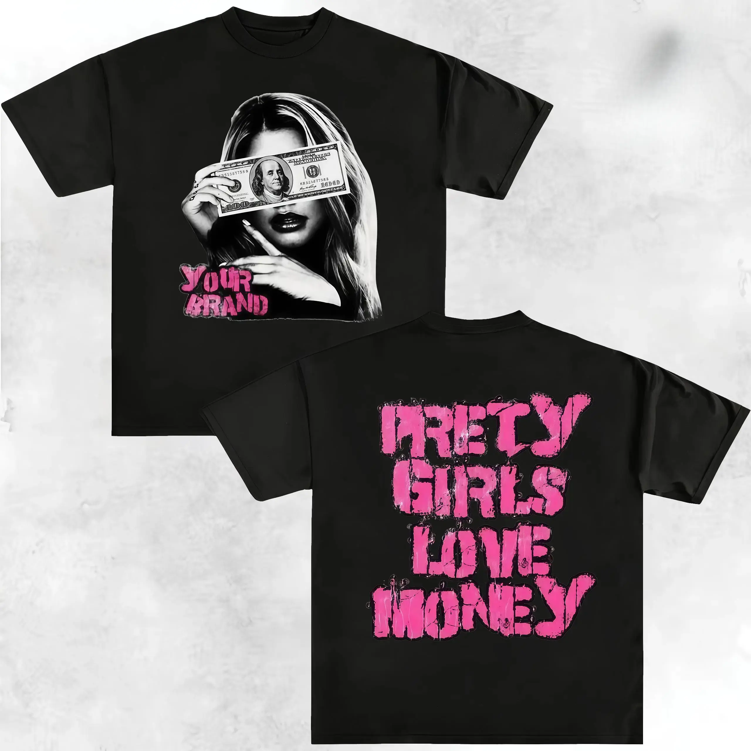 Graphic "Prety Girls Love Money" Personalize Printed Tshirt Casual Cotton Crewneck Sleeve y2k  grunge  clothes Winter Gangsta T-Shirt men's  graphic  tees Vintage
