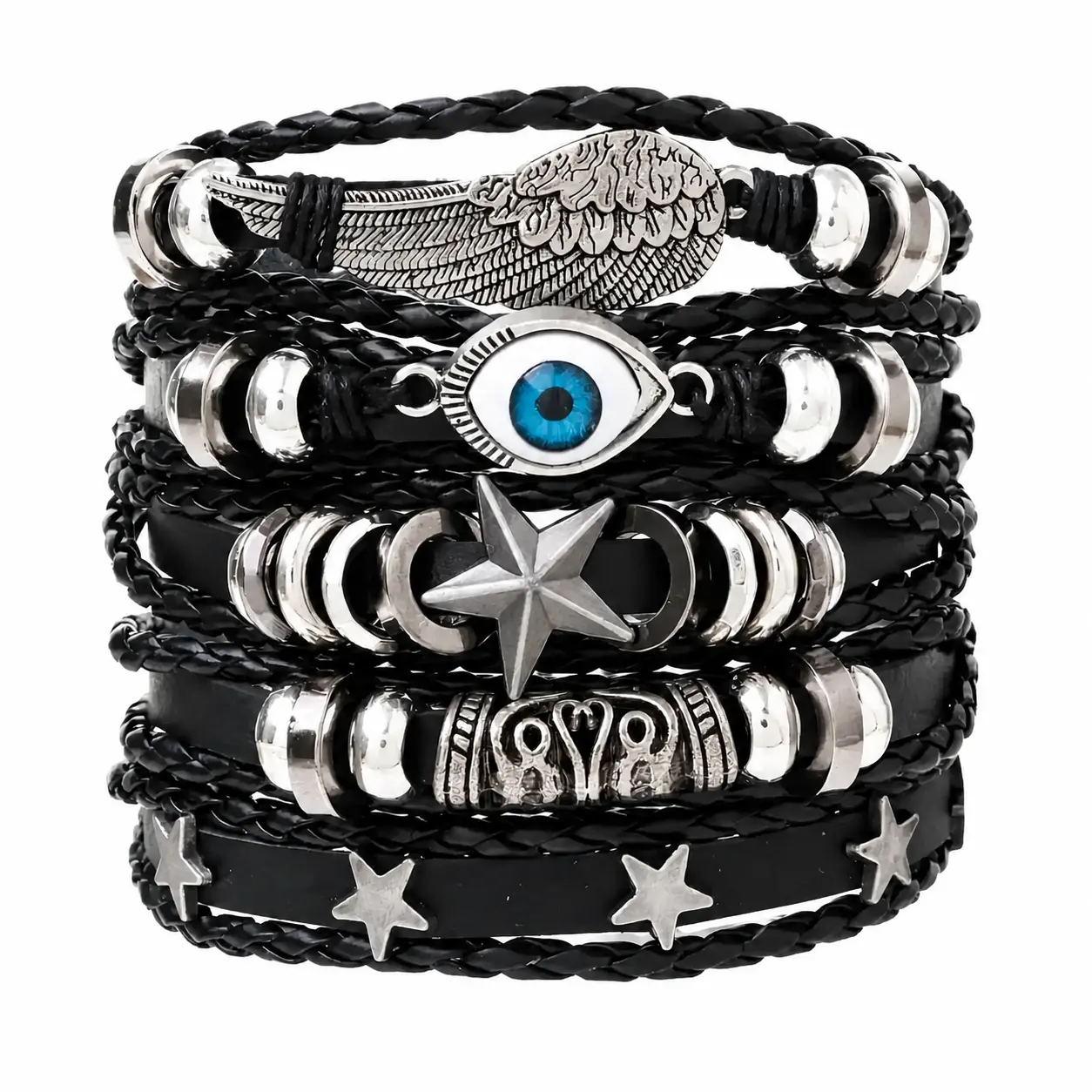 Hand-woven unisex leather braided wristband with engraved eye motif, multi-layer boho-chic design for sports, outdoor activities, and everyday wear—elegant, durable, and adjustable artisan-crafted bracelet for men and women