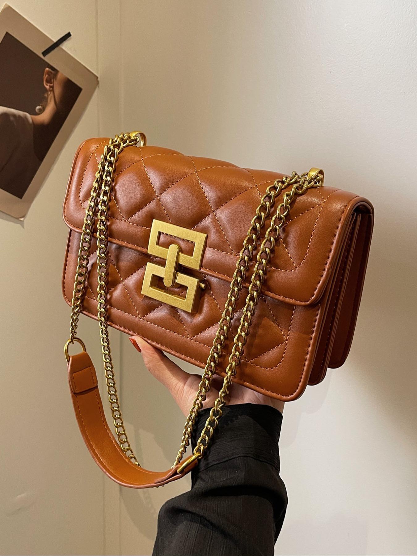 Women's Chain Strap Pu Leather Crossbody Bag, Simple All-match Solid Color Bag with Buckle Design, Trendy Shoulder Bag for Daily Used, Fashionable Crossbody Bag, Leather Crossbody Purses, Casual Shoulder Bag