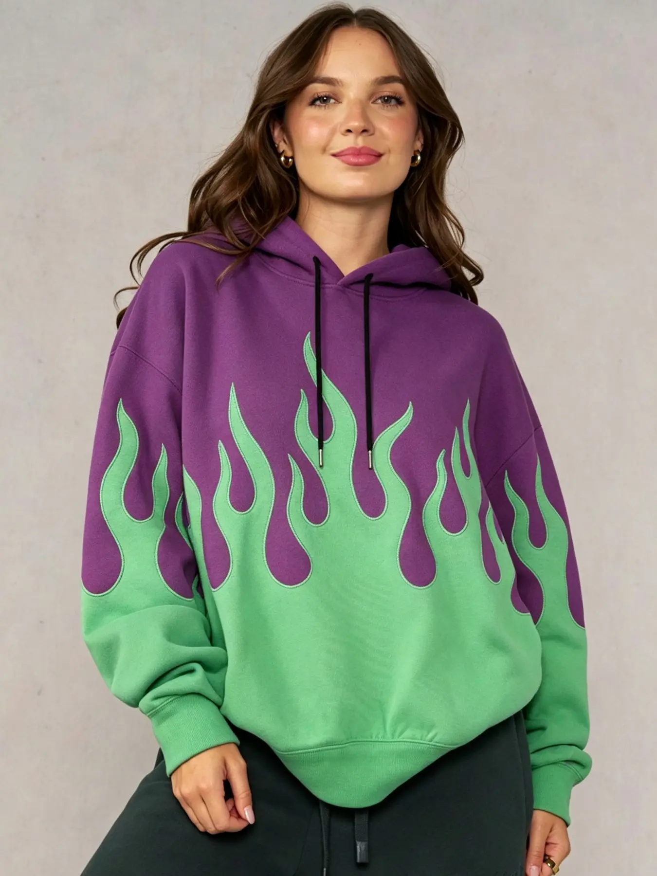 Women's Orange Black Color Block Flame Graphic Oversized Hoodie | Y2K Hip Hop Streetwear Pullover | Casual Fall Daily Hooded Sweatshirt for Women