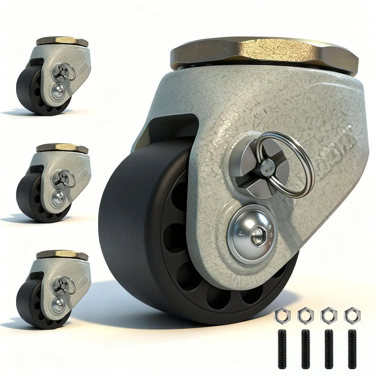 2" Heavy Duty Leveling Casters, 4000 lb Capacity, Set of 4 | Low Profile Design, M12 × 35 mm Thread, Wear-Resistant Nylon, Smooth 360° Swivel, Hammered Gray Finish