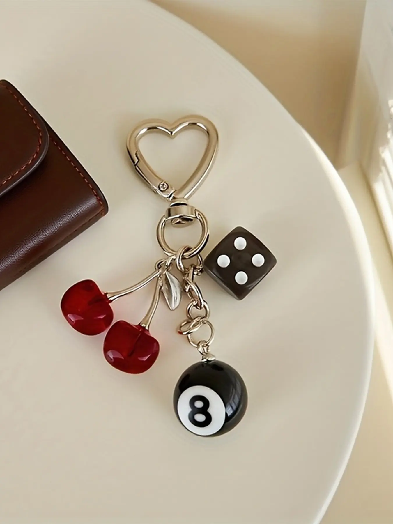 Y2K Lucky 8 Ball Dice Cherry  Keychain,Retro Coquette 90s Streetwear Billiard Pool Multi-Charm Bag Pendant, Silver Hollow Heart Lobster Clip Backpack charm,Translucent Red/Pink/Solid Black Cherry Resin Ornament,Car key, house key anti-lost keychain