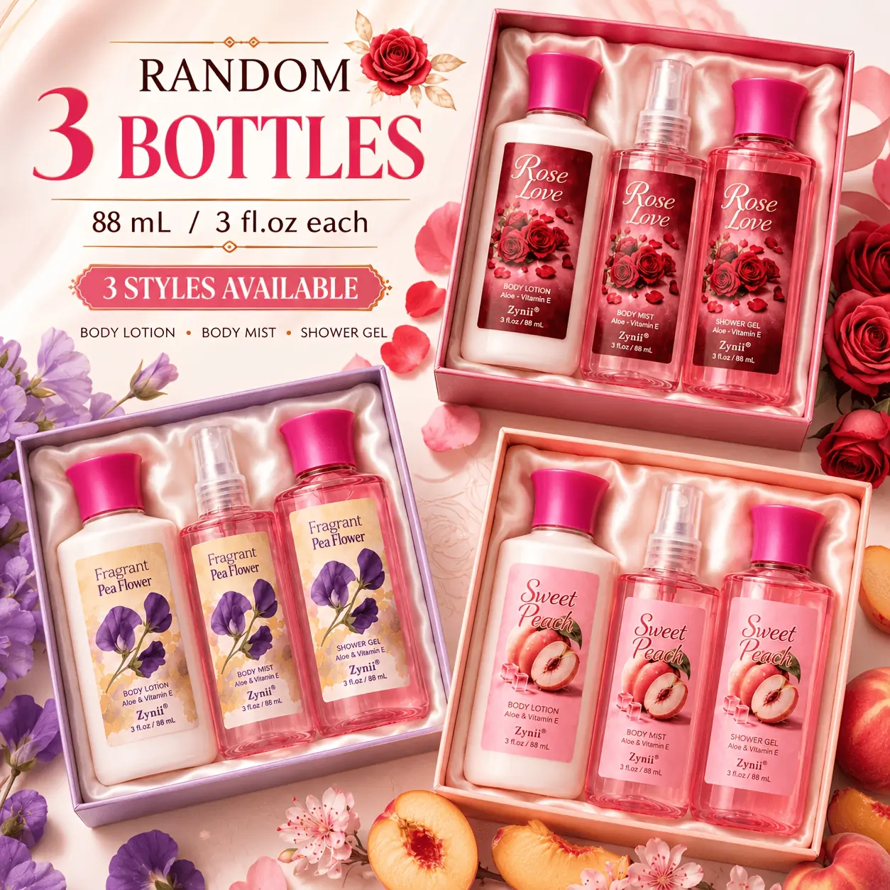 3pcs ZYNII Bath Set Luxury Women's Perfume & Bath Set, Random 3pcs Gift Box, 3 Bottles X 2.98oz, Perfume Body Mist Shower Gel, Long Lasting Fragrance, Moisturizing Care, Daily Wear, Birthday Holiday Gift for Women, Self Care Beauty