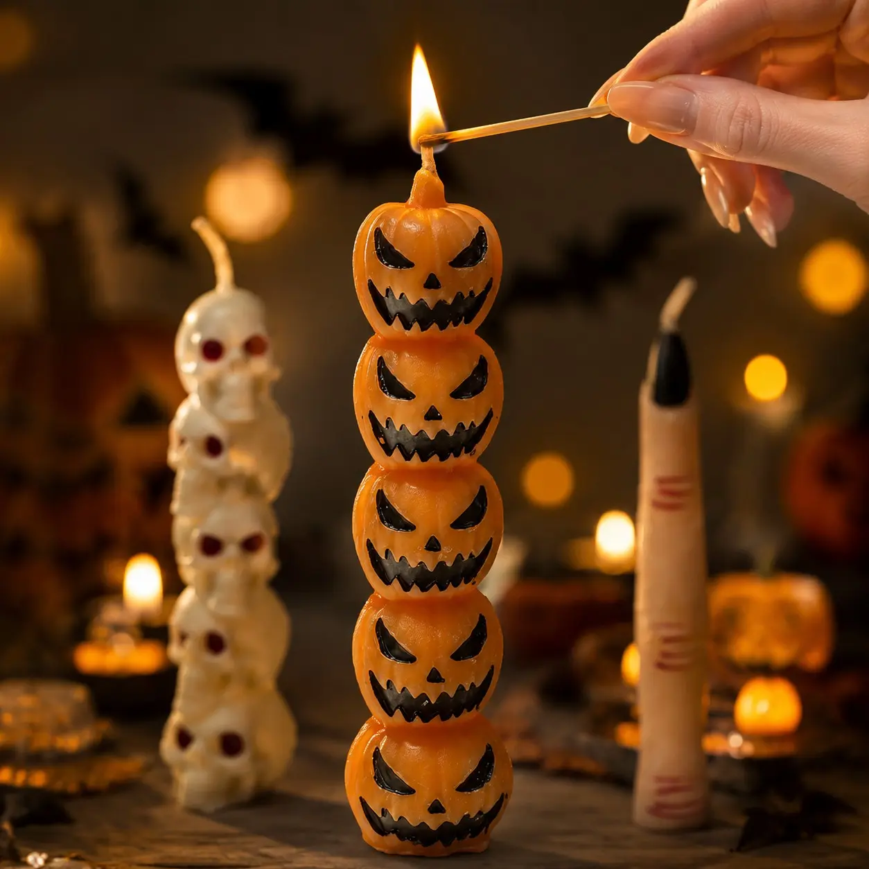 3pcs Halloween Scary 3D Candle Set, Pumpkin Skull Finger Aroma Candles, Horror Atmosphere Decor, Party Table Props, Unique Gift Idea