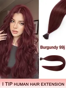 50pcs Pack Burgundy I TIP Human Hair Extensions with Invisible Design, 30g Each, Real Hair Can Be Styled and Dyed, Reusable and Damage-Free