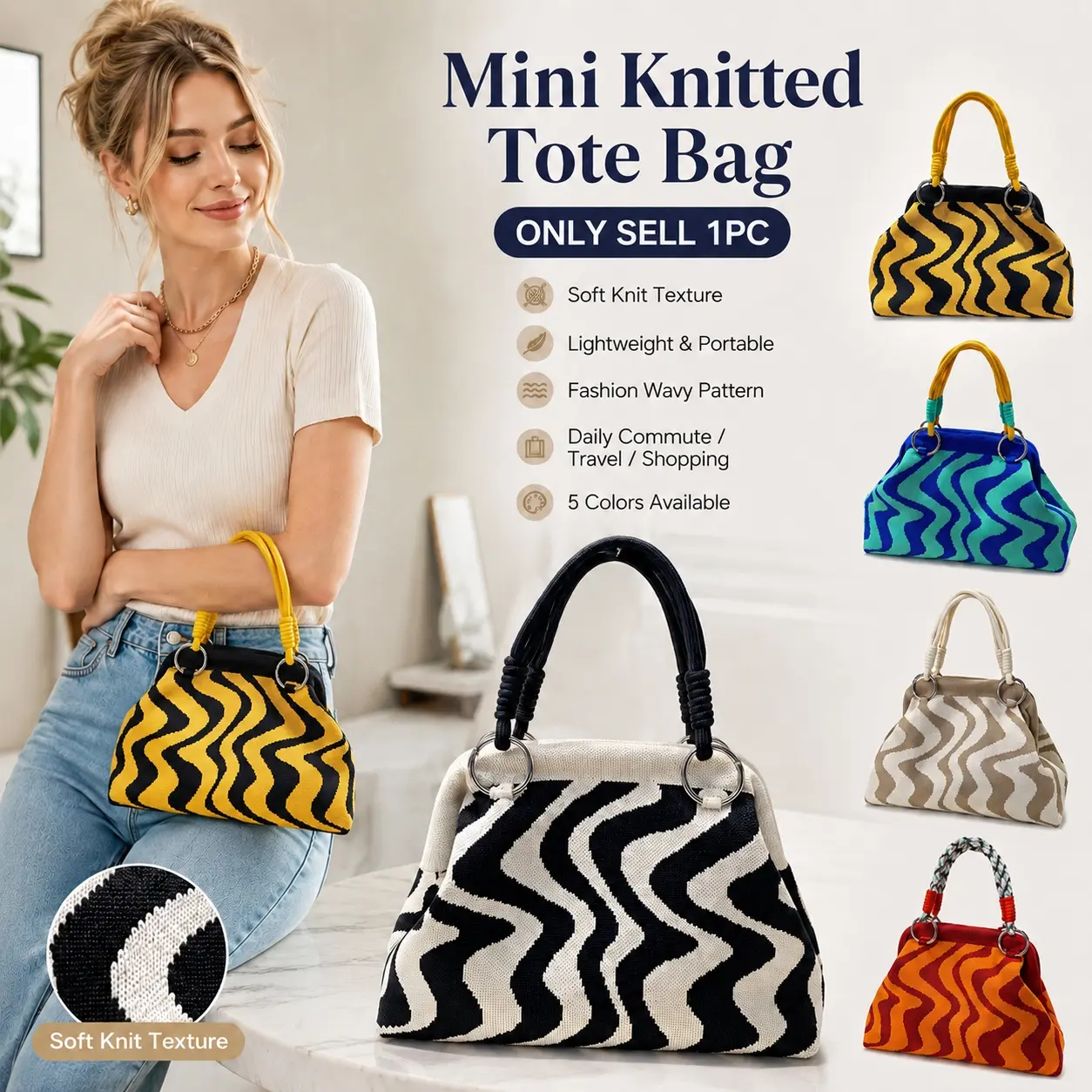Knitted Tote Bag for Women, Woven Striped Dumpling Purse with Portable Top Handle, Spacious Shoulder Handbag for Commuting, Shopping and Daily Use, Fashion Summer Beach Bag for Vacation, Office, Dating, Travel and Casual Outfits