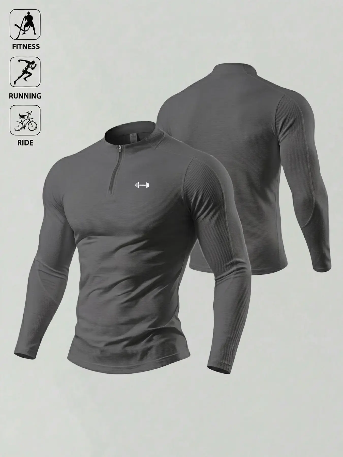 Men Quarter Zip Gym Long Sleeve Top Dumbbell Logo Athleisure Shirts Waffle Quick Dry Compression Fit Light Outdoor Streetwear Multi Wear Casual Workout Running Cycling Base Layer Breathable Slim Muscle Fit Daily Leisure Athletic Top