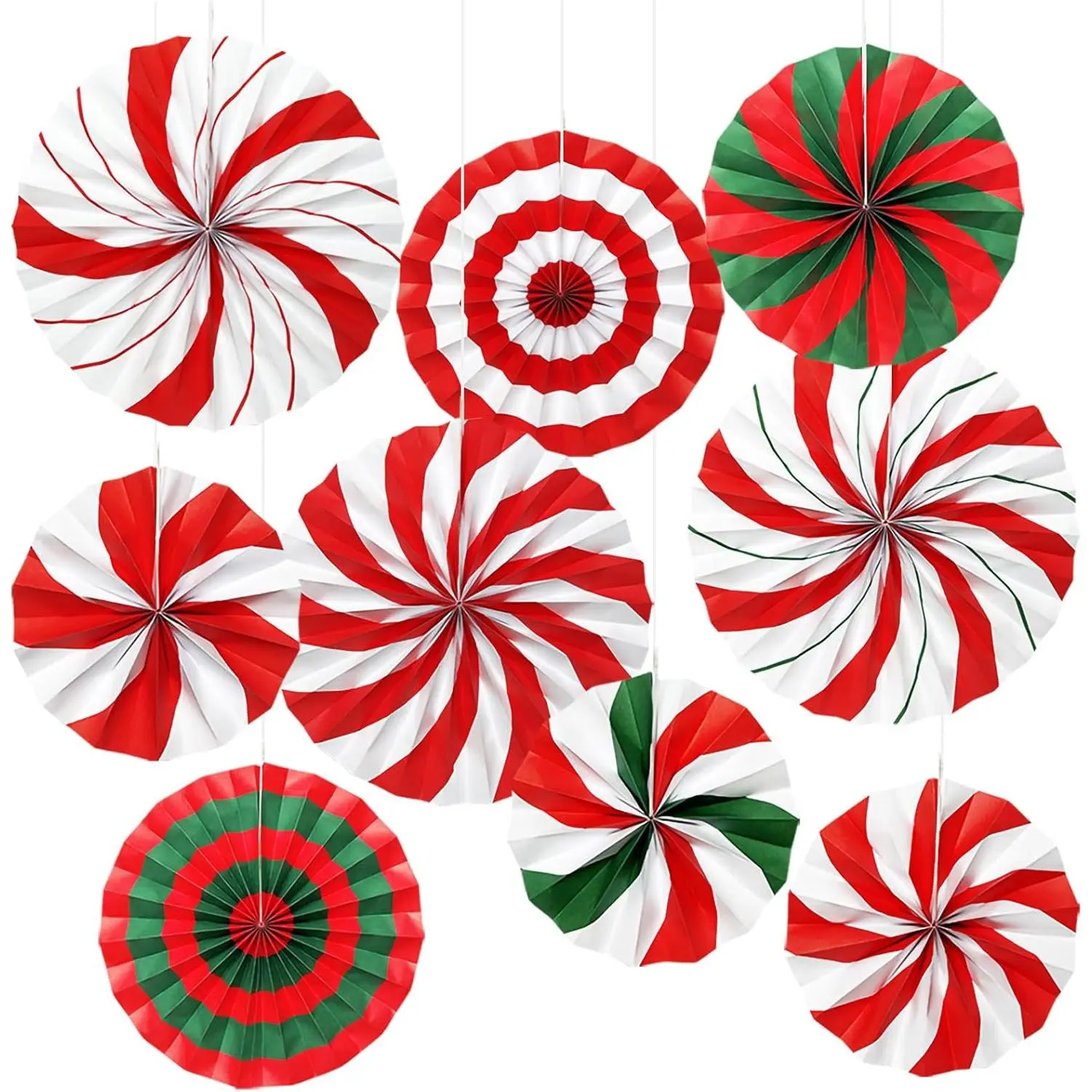 9-Count Thickened Paper Candy Cane Fans - Red and Green Modern Christmas Party Decor with Self-Adhesive Dots, 3 Sizes for Xmas Classroom, Office Celebrations, Three Sizes