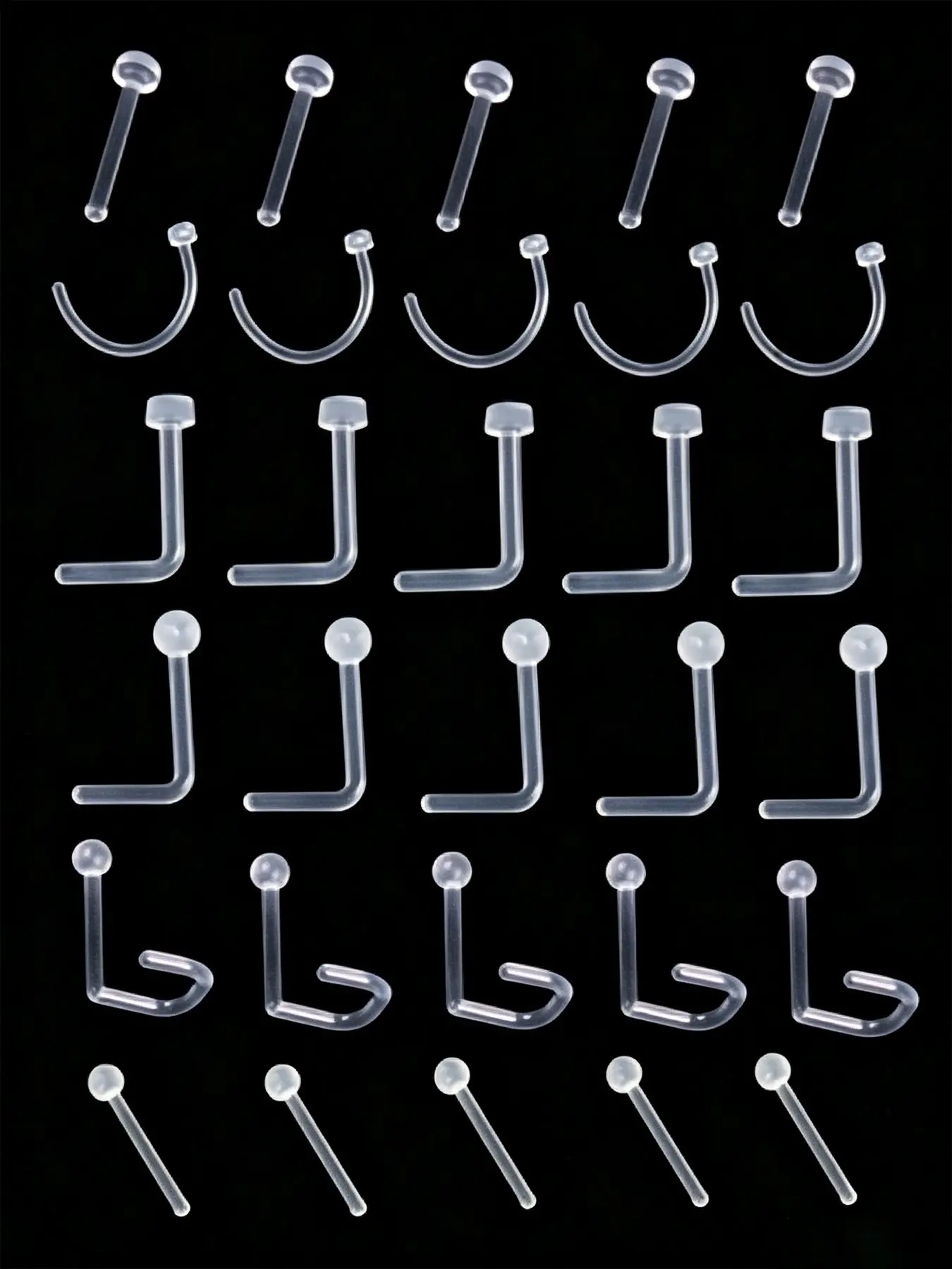 Clear Nose Piercing Retainers Set, Hypoallergenic Implant‑Grade Plastic Nose Studs Assorted Styles L‑Shaped, C‑Shaped, Straight Push‑in Nose Rings for Work, School, Sports, MRI & Surgery, 20G Clear Piercing Jewelry for Men Women