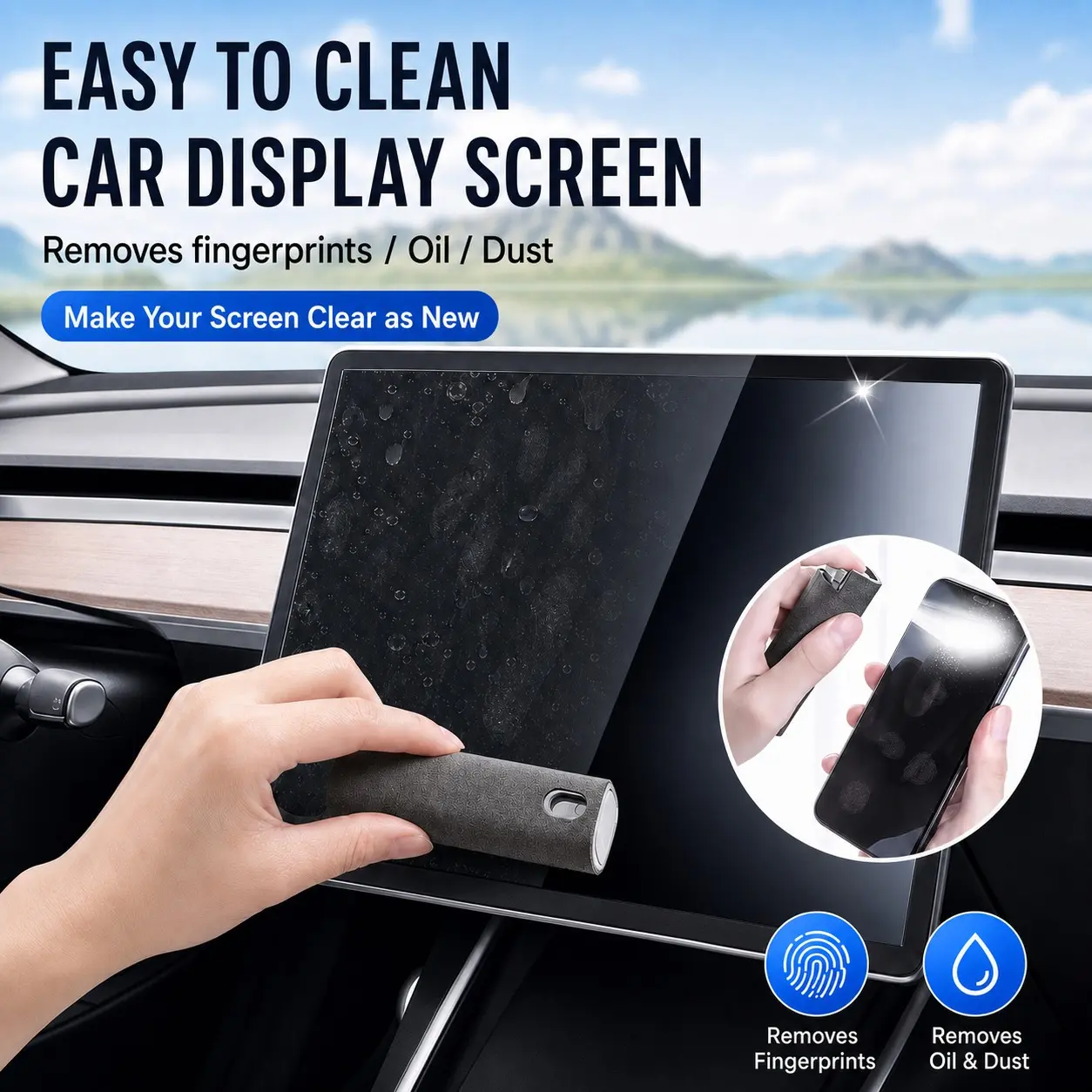 2-In-1 Microfiber Cleaning Spray Bottle with Cloth, Portable Dust, Fingerprints Removal Kit for Phones, Tablets, Car Screens, Glasses, Detachable Design