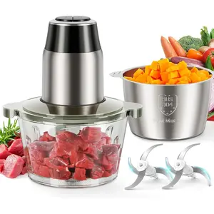 Food Processors, Electric Food Chopper with Meat Grinder & Vegetable Chopper - 2 Bowls (8 Cup+8 Cup) with Powerful 450W Copper Motor - Includes 2 Sets of Bi-Level Blades (Silver)