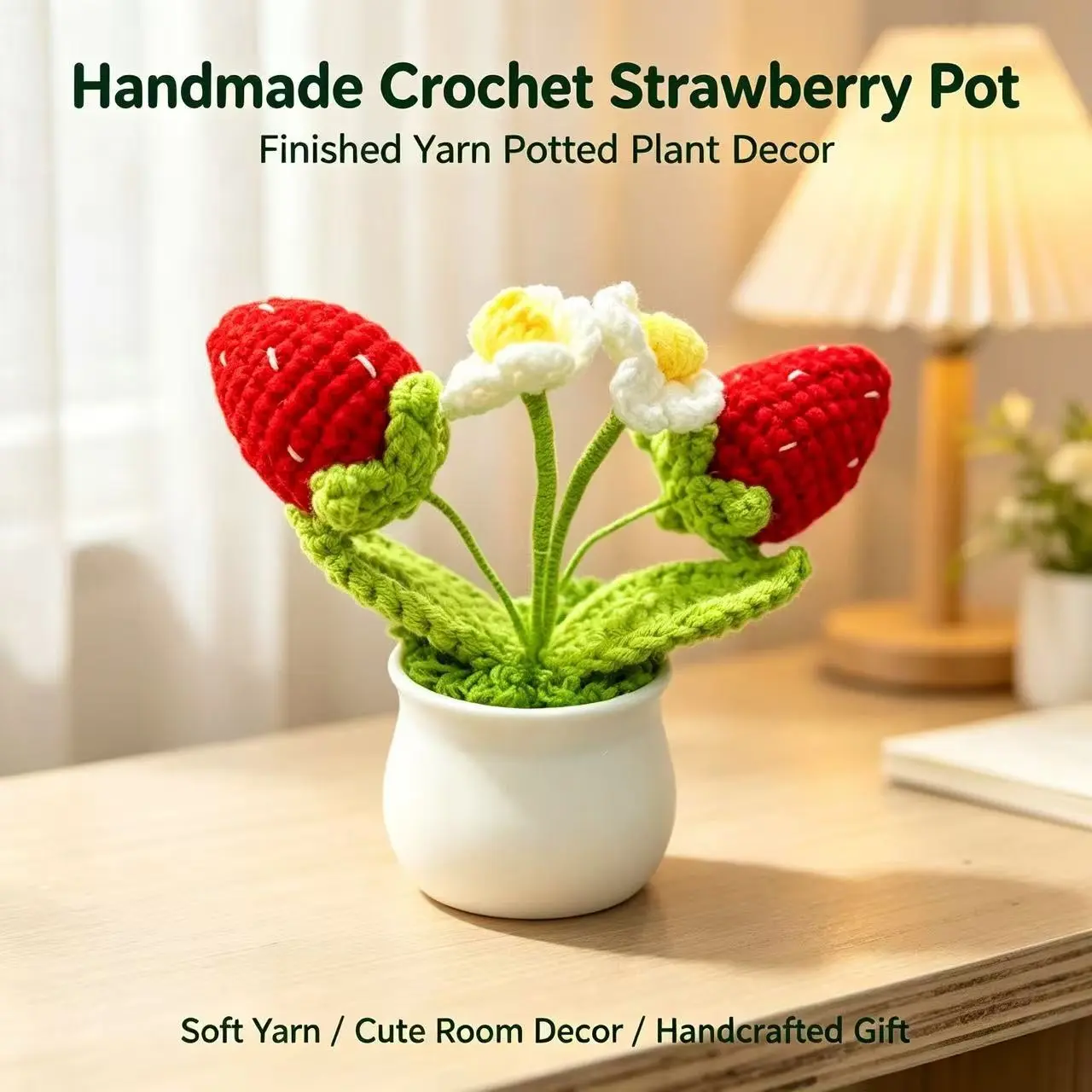 Handmade Crochet Strawberry Planter Ornament, Finished Handicraft Yarn Hooked Decoration, Unique DIY Craft Gift Idea