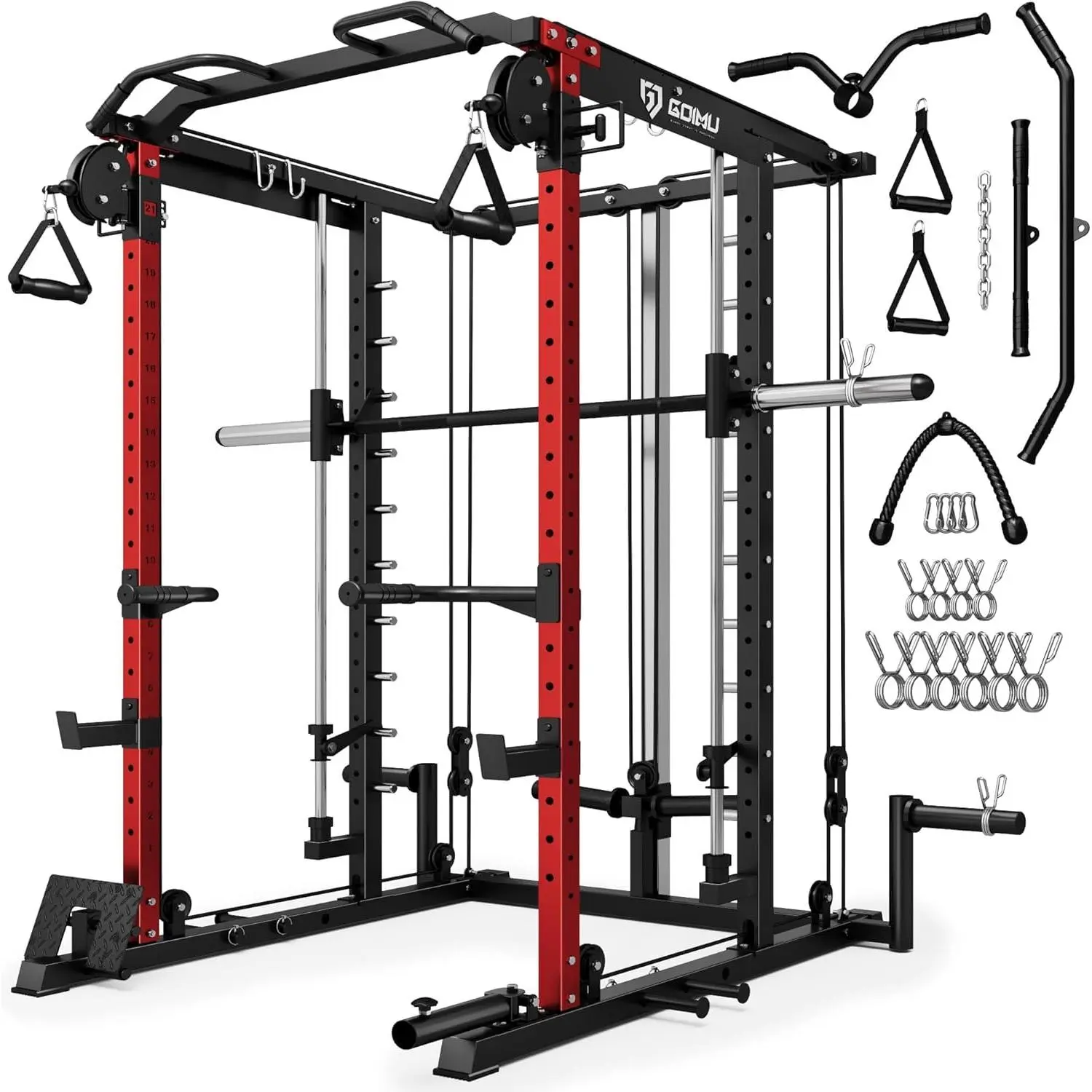 Power Cage Smithmachine - 2400 LBS Superior Multi-Functional All-in-One Power Rack with Cable Crossover, Squat Rack for Home Gym with LAT Pulldown System, Home Gym Equipment