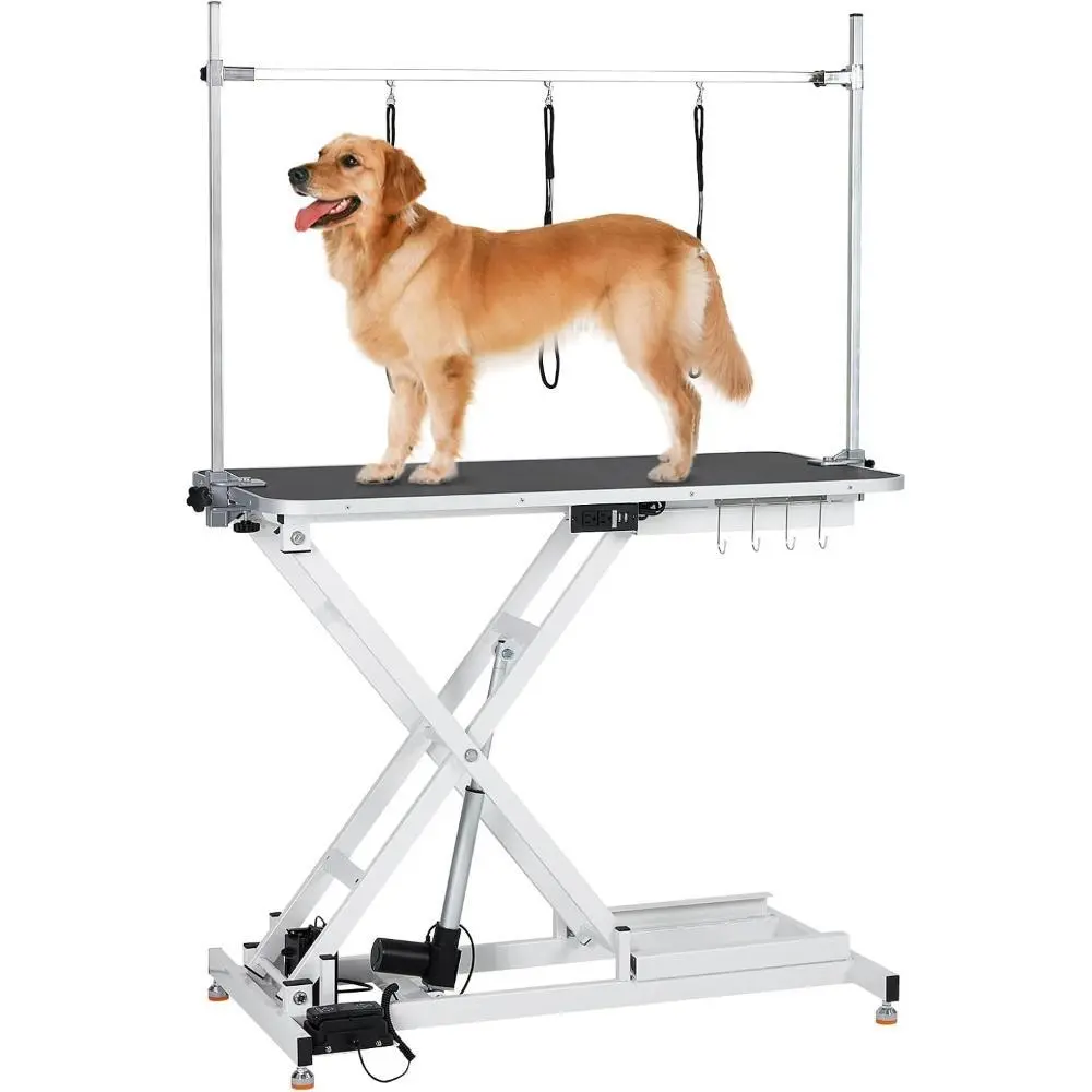 Gaomon Heavy-Duty Electric Dog Grooming Table - Steel Frame, Height Adjustable (9.4"-39.4"), X Lift, Anti-Slip Top, Leveling Wheels, Tool Organizer, 47" White Dog Grooming Station That Elevates Safely
