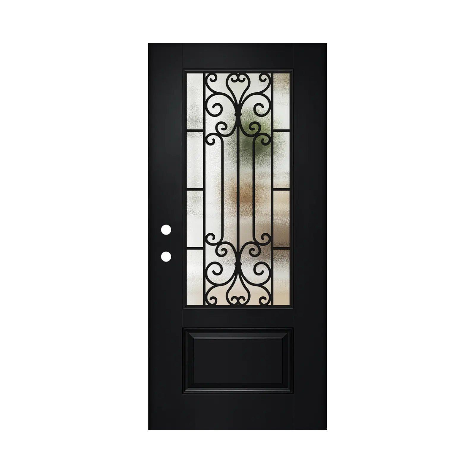 ARCH 36x80 Inswing Fiberglass Entry Door Slab, Black Textured 3/4 Lite Wrought Iron Low-E Glass, Right Hand Modern American Luxury Exterior Door for Outdoor Garden Use