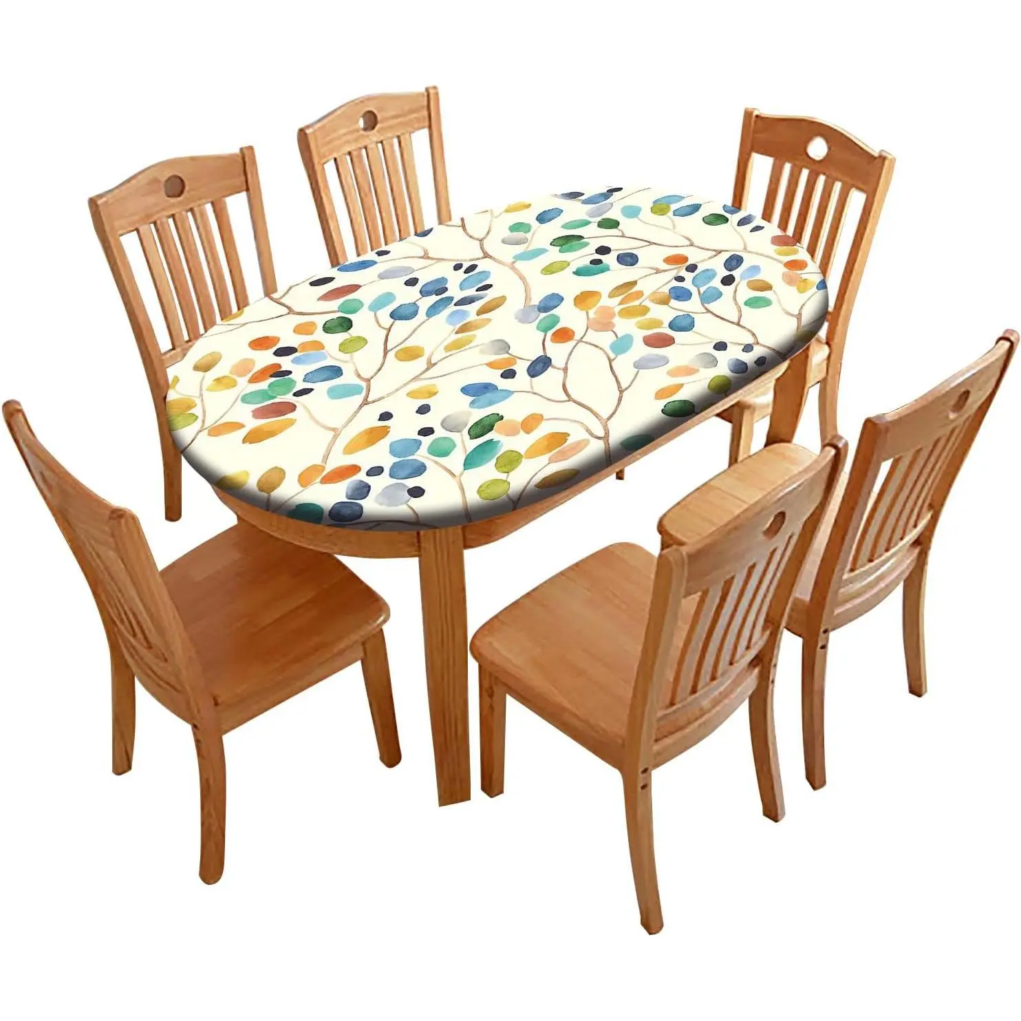42x60in Oval Polyester Elastic-Fitted Tablecloth, Colorful Leaves Pattern Elastic-Edge Table Cover for Kitchen Dining, Holiday Celebrations, 42X60"