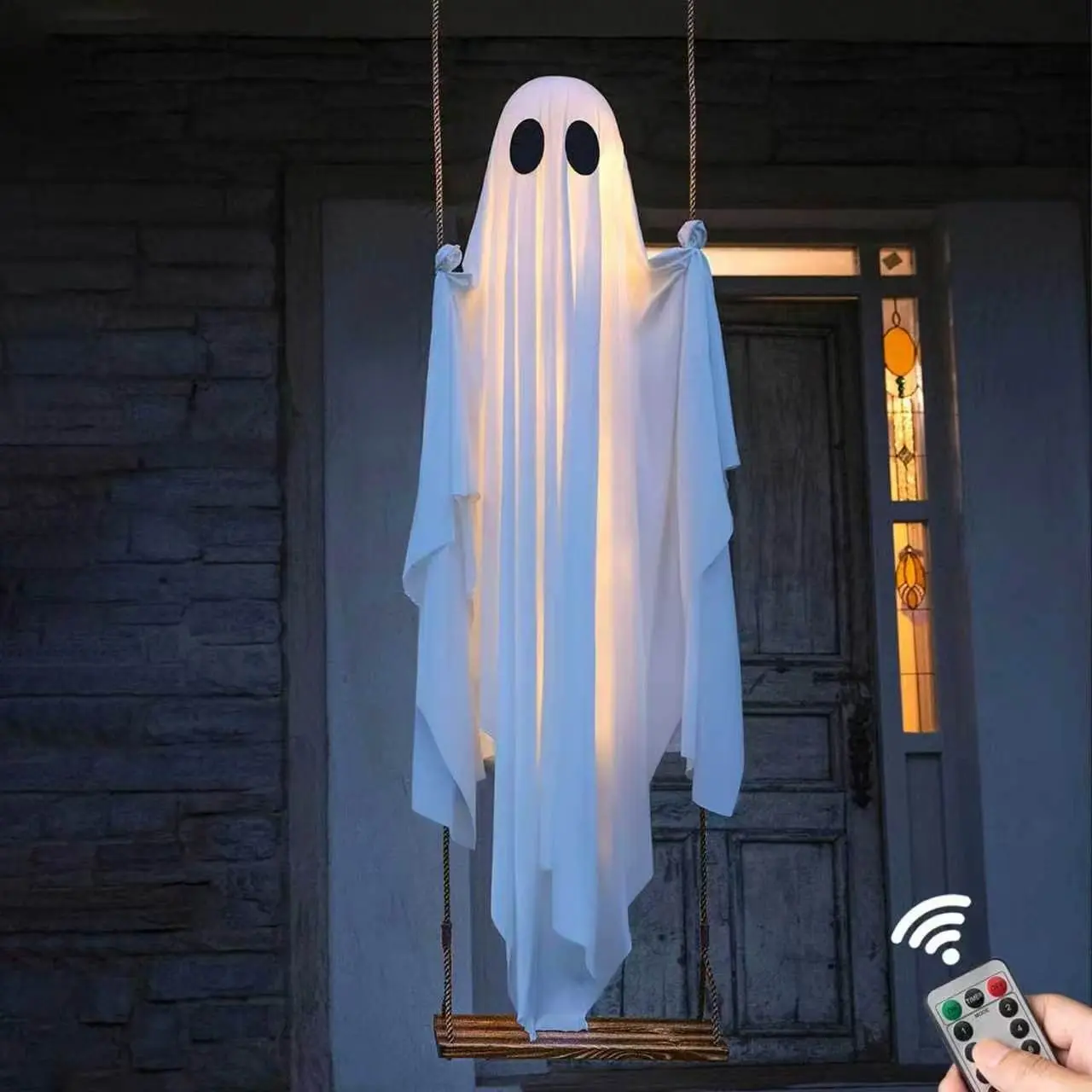 Halloween Decoration Large Hanging Swing Ghost with String Lights, Cute and Spooky Ghost Ornament for Outdoor Decorations