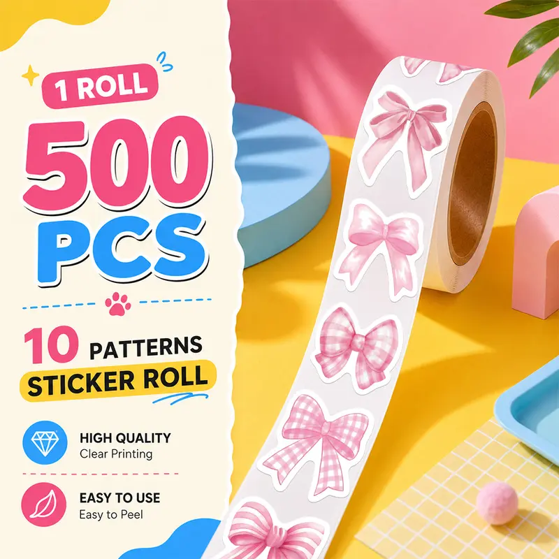 500PCS/Roll Pink Bow Sticker Roll, 10 Designs Aesthetic Decorative Sticker Tape, Self Adhesive Journaling Stickers for Notebook, Laptop, Phone Case and Daily Decoration