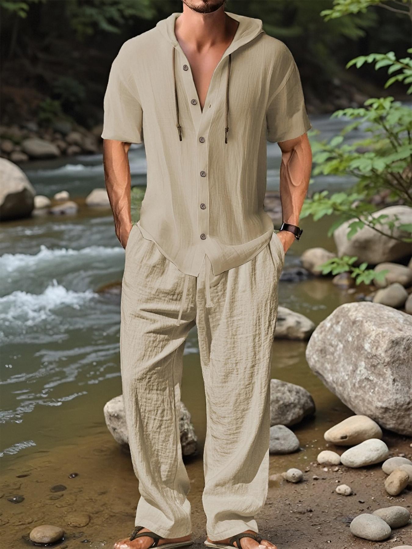Two-Piece Set Men's Solid Linen Set, Casual Breathable Quick-drying Top & Drawstring Wide-leg Pants Set for Beach Holiday, Men's Clothing for Summer, Menswear