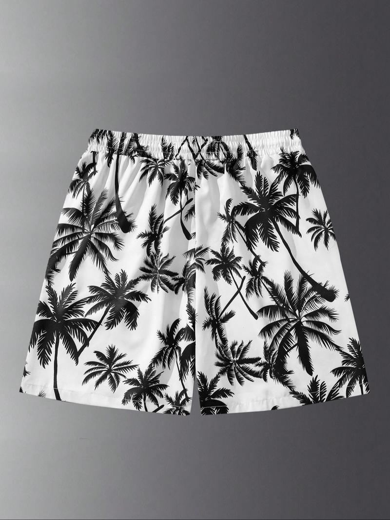 Men's Palm Tree Print Swim Shorts, Regular Fit Casual Comfy Breathable Swim Shorts for Summer, Men's Swimming Swimwear for Beach Vacation, Clothing, Swim Bottoms, Swimtrunks, Summer Swim Trunks, Drawstring Swim Bottom