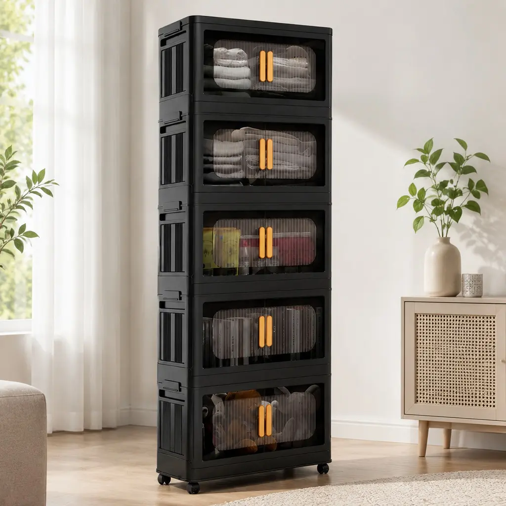 20-Inch Wide Folding Storage Cabinet, 5-Tier Collapsible Plastic Storage Bins with Magnetic Door and Wheels, 19.69" x 11.81" x 50.00", Black, for Living Room, Kitchen, Bedroom, Gaming Room, Tool Room, Dormitory, Multiple Size Options