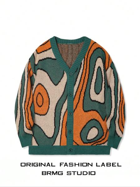 Men's Winter Street Style Abstract Jacquard Cardigan, Loose-Fitting Open Front Sweater Coat, Long Sleeve Fashion Outerwear