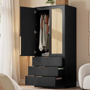 Armoire Wardrobe Closet, Hanging Rod, 2 Doors Clothing Storage Cabinet for Bedroom,69.5 in Wooden Wardrobe Cabinet with 3 Drawers,  Large Capacity Storage, Rattan Door,