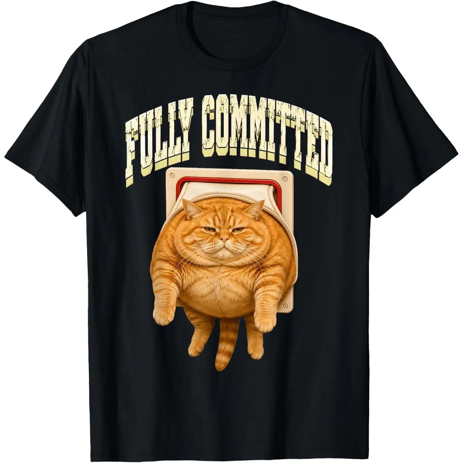 Men's Casual Short-Sleeve Classic T-Shirt, Relaxed Fit Tops with Fully Committed Funny Fat Cat Stuck in Door Meme Squishy Print