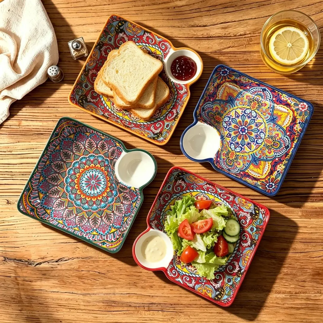 Set of 4 Ceramic Serving Dishes, Snack Plates, Sushi Trays, Restaurant Dinnerware, Square Jiaozi Plates with Sauce Divider, Non-Slip Stackable Utensils, Porcelain Dishes, Dishwasher Safe Tableware