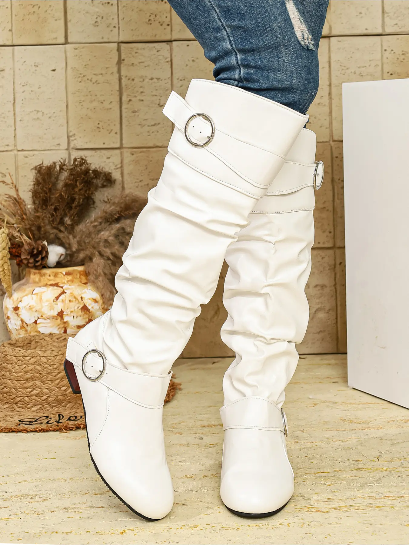 Women's Over-The-Knee Fashionable Boots, Smooth Leather, Wide Fit, High Ankle, Metal Buckle Decor, Round Toe, Low Heel, Wood Grain Sole, Casual & Commute