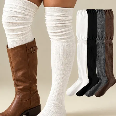 4 Pairs Women's Knee-High Socks, Solid Color Over-The-Knee Socks, Comfortable Warm Socks for Boots, Casual Wear, Casual Stylish Socks, Fall Winter Fashion