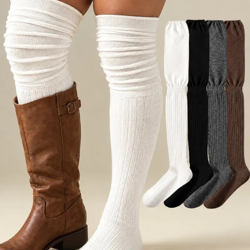 4 Pairs Women's Knee-High Socks, Solid Color Over-The-Knee Socks, Comfortable Warm Socks for Boots, Casual Wear, Casual Stylish Socks, Fall Winter Fashion
