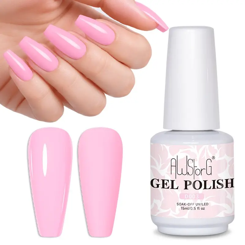 AWStorG 15ml Baby Pink Solid Color Gel Nail Polish Soak Off UV LED Nude Pink Long Lasting Gel Varnish For Salon Daily DIY Manicure Jelly Pink Gel Polish