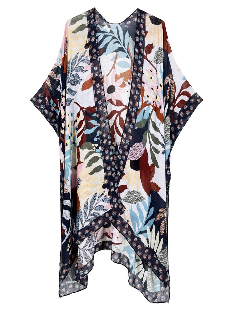Women's Floral Print Drop Shoulder Cover Up, Casual Long Sleeve Split Hem Open Front Cover Up for Beach Holiday Vacation Outdoor, Ladies All Seasons Clothes, Swimsuit Cover Ups, Swimwear Cover Up