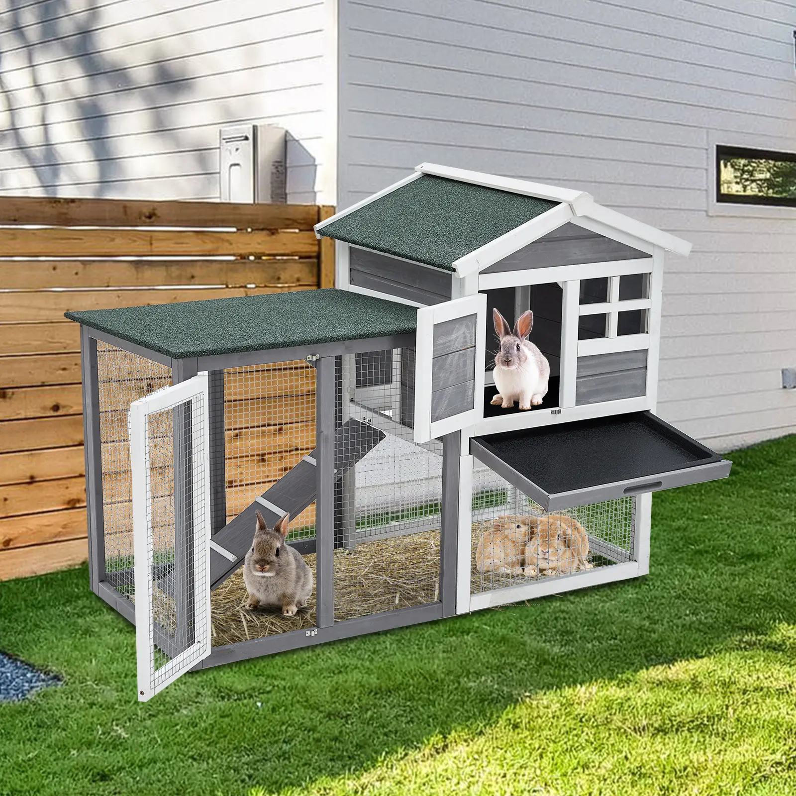 Spacious 48'' Wooden Rabbit Hutch for Small Animals, 2-Tier Indoor Outdoor Rabbit House with Leak-Proof Tray, Waterproof Roof, Lockable Doors, Easy-Clean Pull-Out Tray, Ideal Cage for Guinea Pigs, Chickens, Bunnies, Gray/White