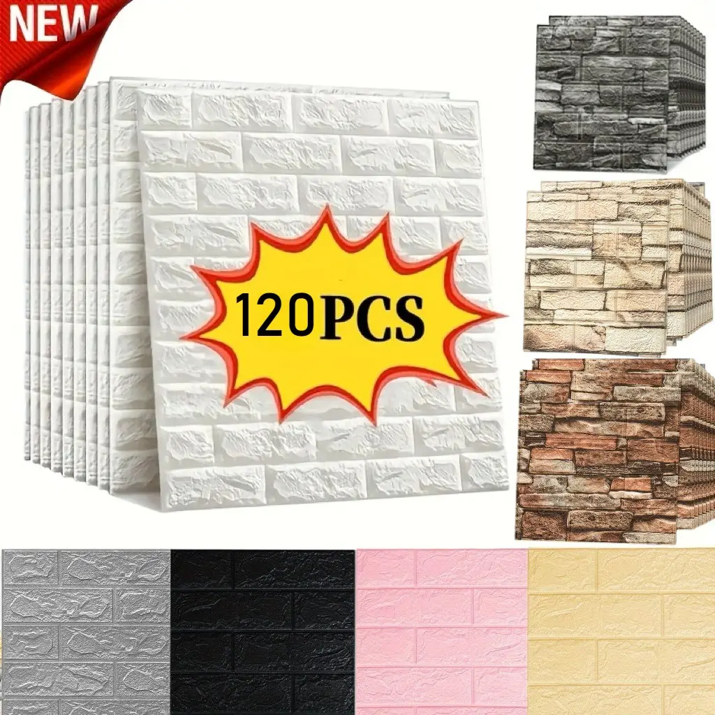 120pcs Self-Adhesive Vintage Brick Wallpaper, Waterproof 3D Wall Stickers, Easy Clean & Cut, for Living Room, Kitchen, Bedroom, Office Decor