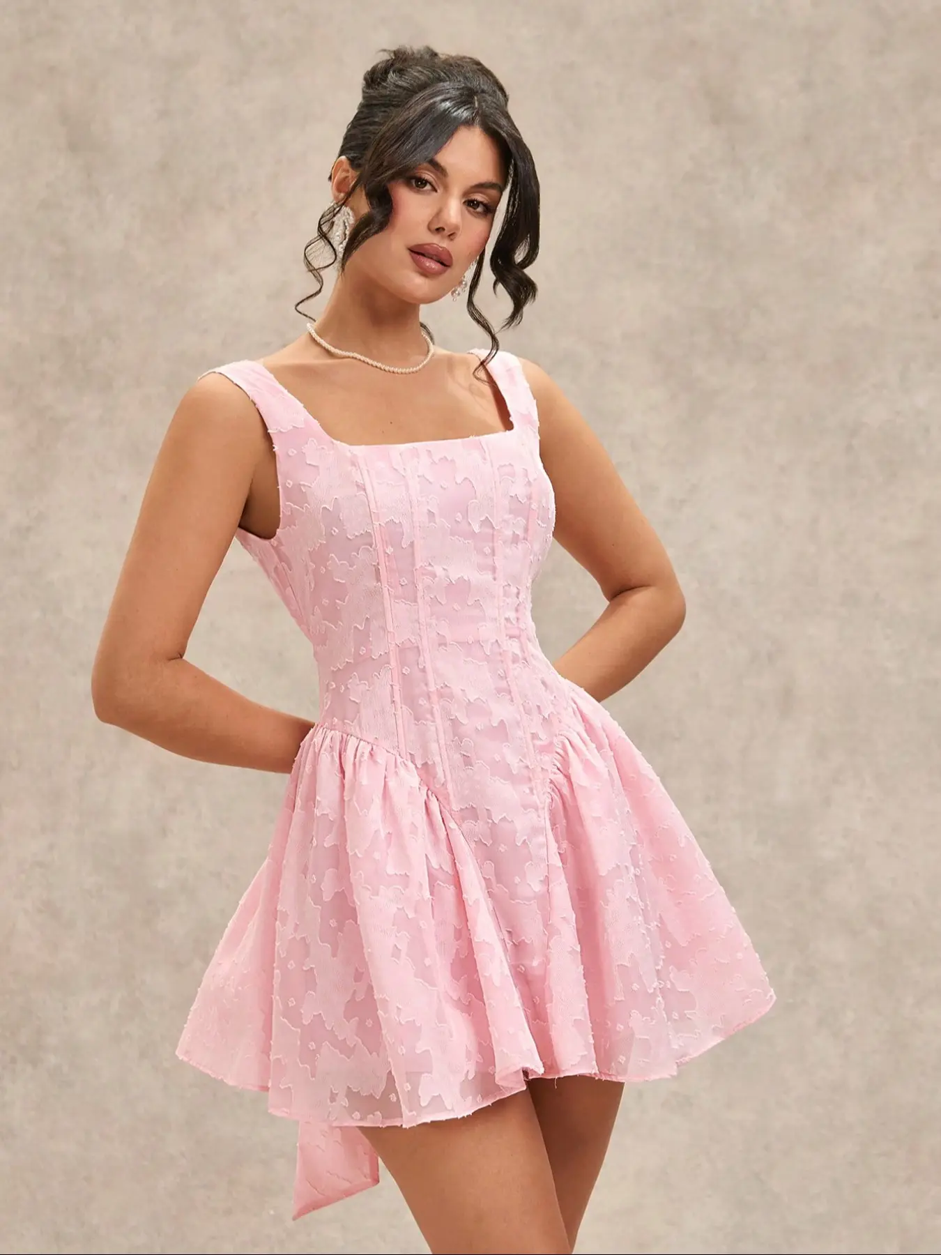 Textured Jacquard Corset Mini Dress, Square Neck Sleeveless Flare Skirt, Back Bow Coquette Party Dress, All Seasons Fitted Dress