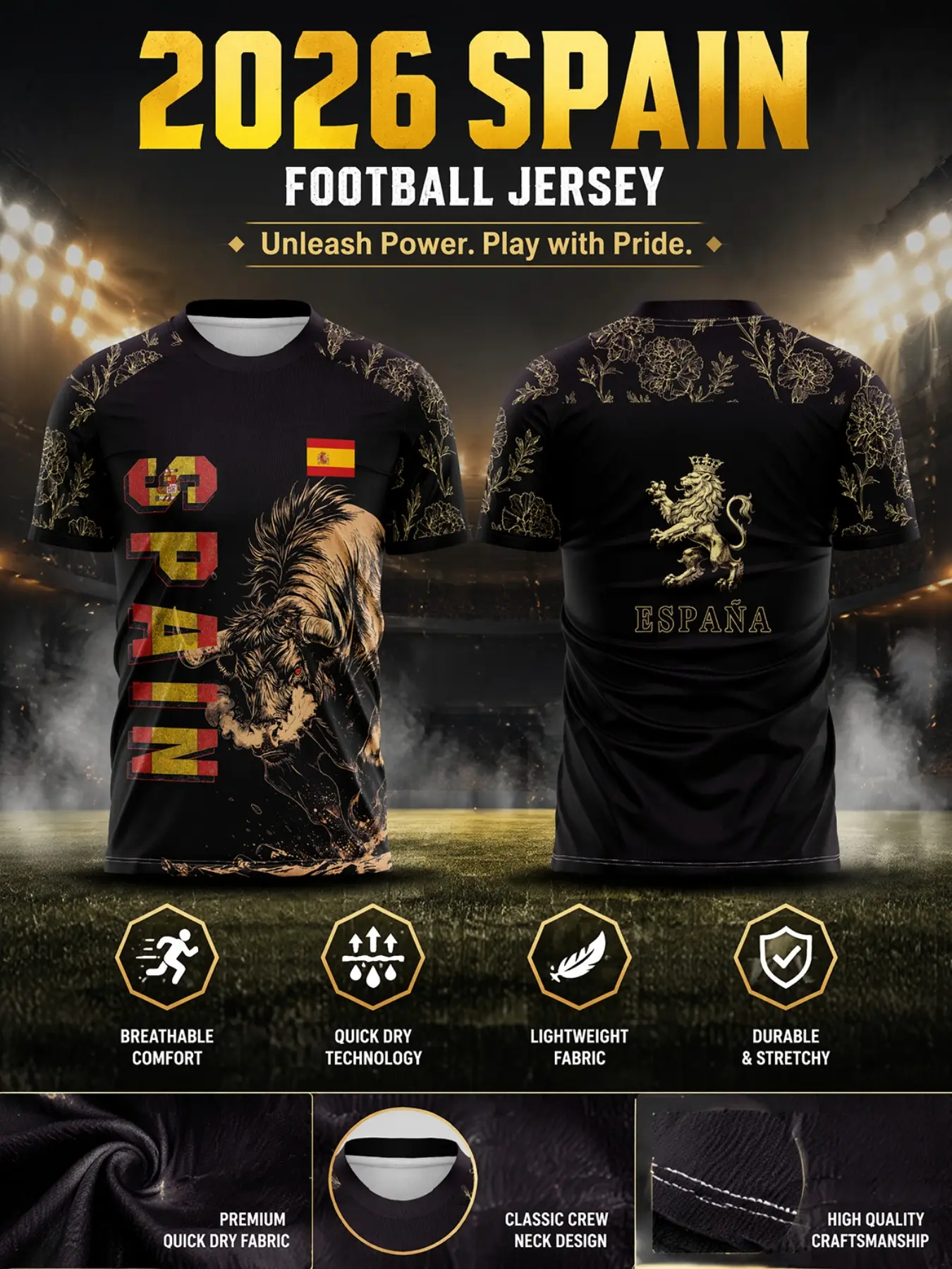 2026 Spain Soccer Jersey Football Shirt, Jersey Shirts, Mesh Peony Print, Quick-Dry Breathable Lightweight Elastic Durable Sport T-Shirt, Ideal for Fans Match Training