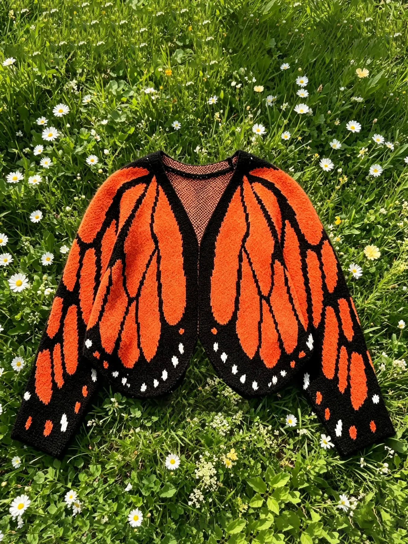 Women's Open-Front Contrast Monarch Butterfly Full Wing Design Fall Winter Casual Fashion Loose Long Sleeve Knit Cardigan – Halloween Party Artistic Sweater Jacket