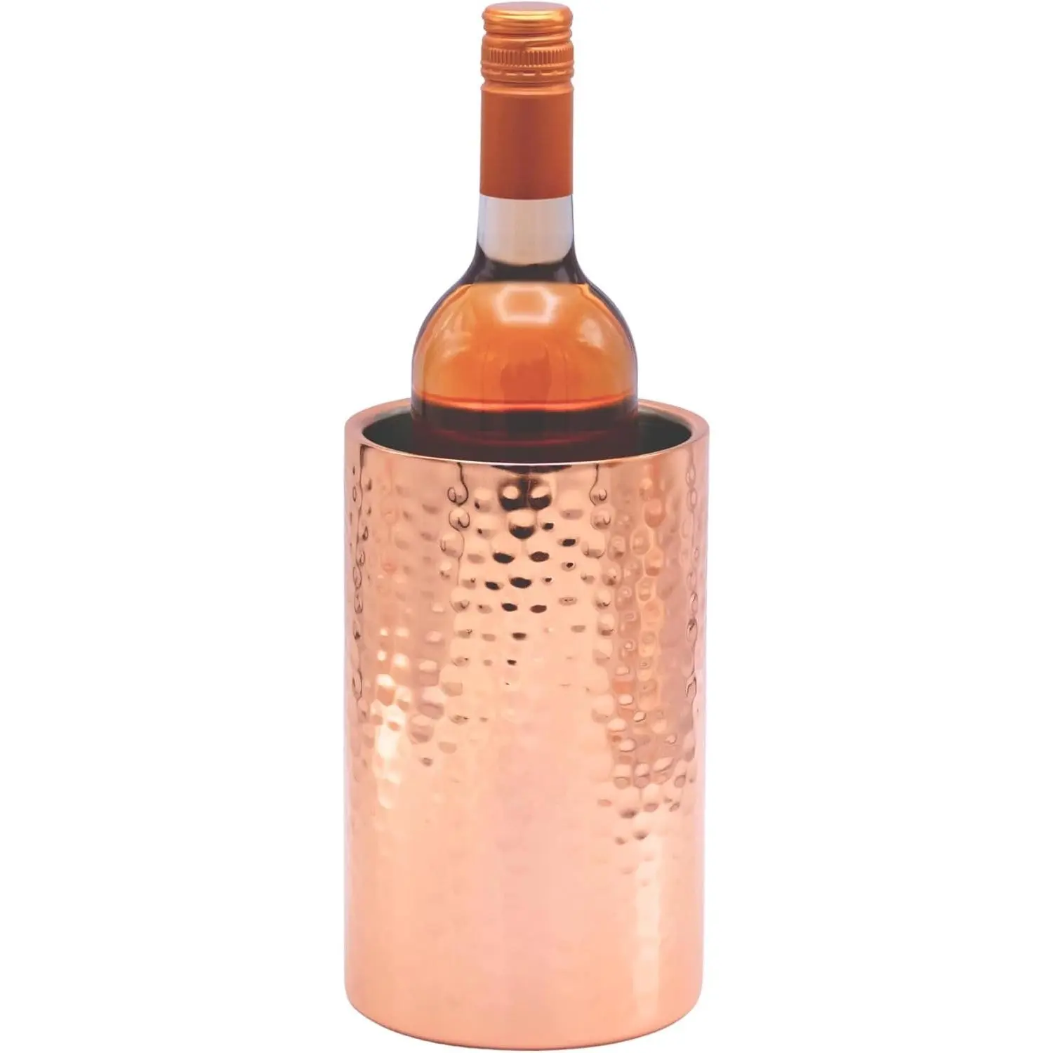 Hammered Rose Gold Single Bottle Wine Chiller - Copper Double-Walled Insulated Wine Cooler - Wine Bucket Chiller for Parties - Insulated Bucket Champagne Chiller, Stylish Bar Cart Accessories