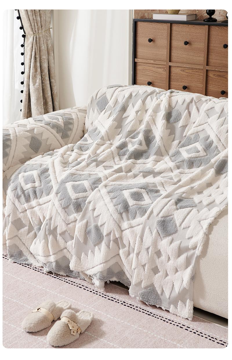 Bohemian Plush Sofa Throw Blanket, Geometric Pattern Design, Pet-Friendly, All-Season Use, Home Decor, Sofa Couch Covers, Sofa Slipcover