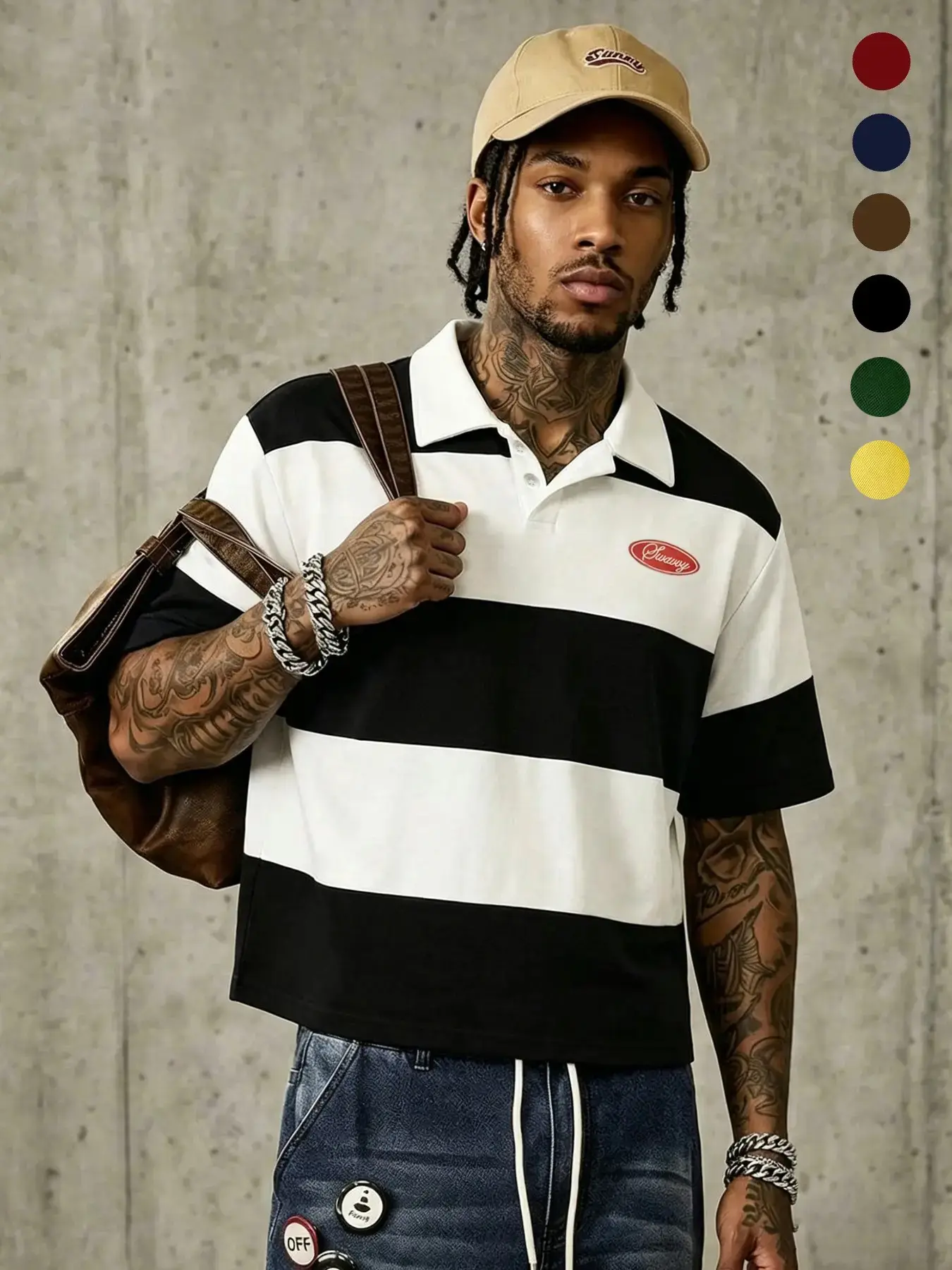 Men's Yellow Black Stripe Contrast White Collar Short Sleeve Polo Shirt, Letter Badge Detail Button Placket Regular Fit Vintage Preppy Summer Casual Top Slim Fit