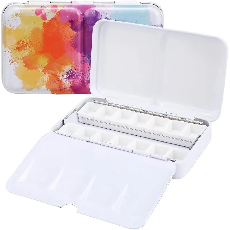 Empty Watercolor Palette, Empty Watercolor Tin with Fold Out Palette, Small Colorful Watercolor Tray Palette with 14 Empty Half Pans for Plein Air Painting and Sketching