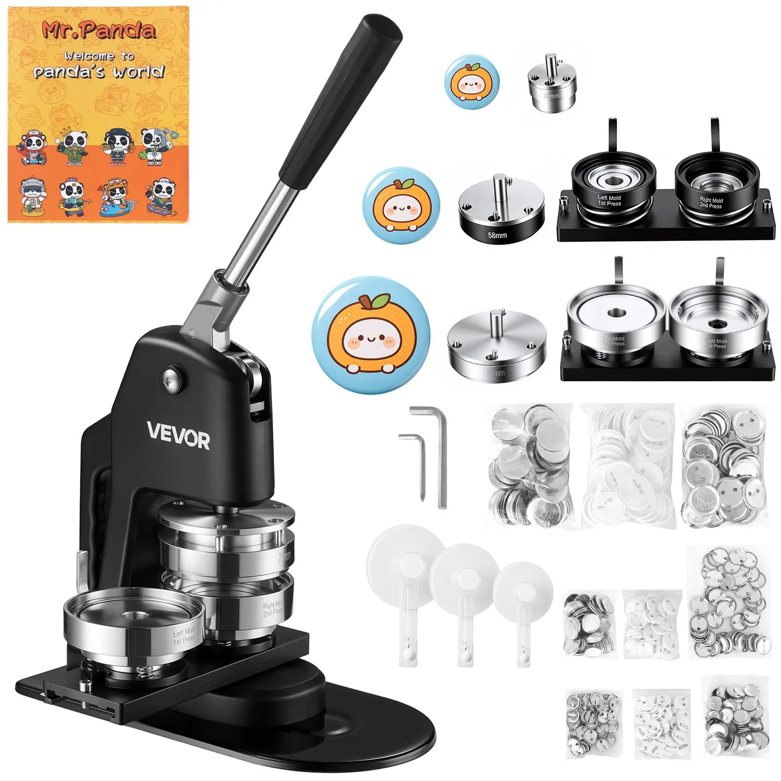 VEVOR Button Maker Machine 1.25"/2.25"/3"(32/58/75 mm) 3-in-1 Pin Maker, with 300pcs Button Parts, Circle Cutter, Magic Book, Ergonomic Handle, for DIY Badges, Pins, Fridge Magnets and Key Chains