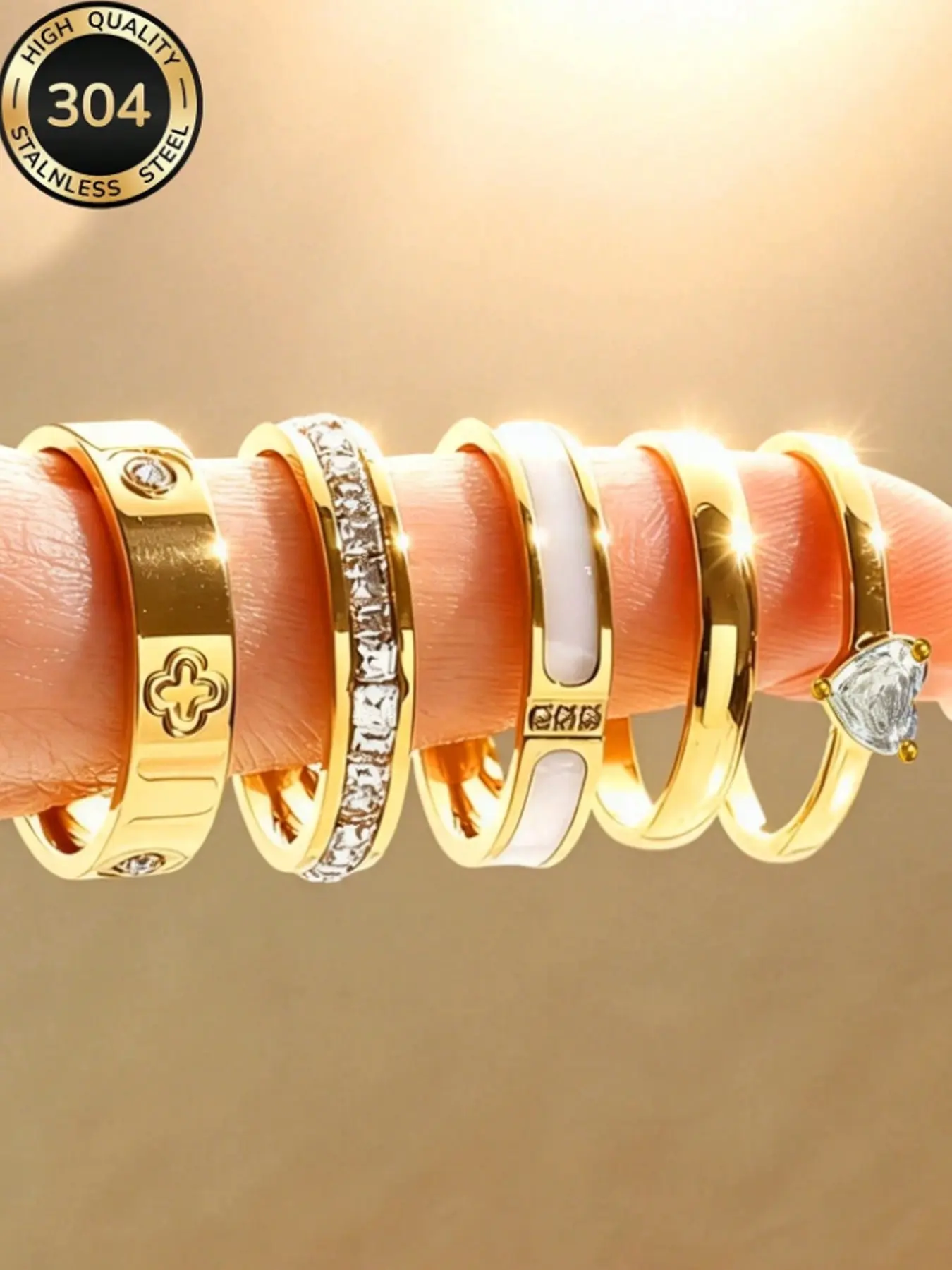 18k Gold Plated Stainless Steel Stackable Ring Set, 5 Clover Rings, Pavé Diamond, Enamel Heart, Hypoallergenic Minimalist Jewelry, Fashion Rings